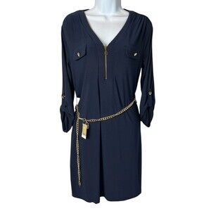 Emma & Michele Midnight Blue Zipped V-Neck Dress Size PS (belt not included)